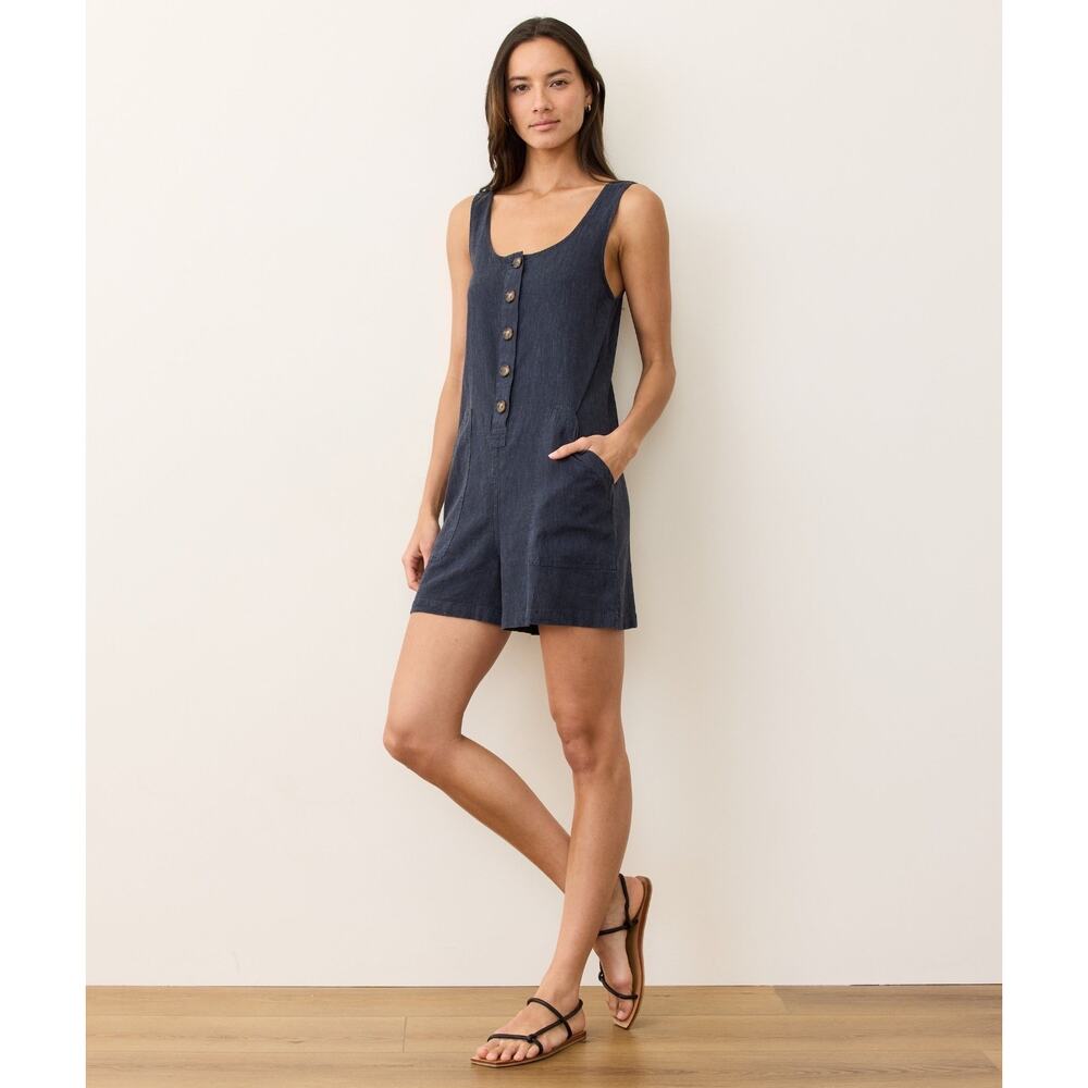Marine Layer Sydney Romper Navy Blue Hemp Tencel Blend Button Front S Pockets - Picture 2 of 8